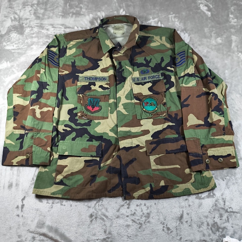 Vintage US Air Force Jacket Men XL Woodland Camo BDU Combat Coat Patches Ripstop